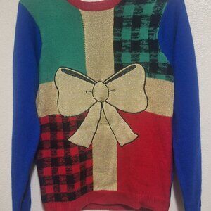 Jolly Sweaters Unisex Plaid Gold Bow Christmas Gift Holiday Sweater Large